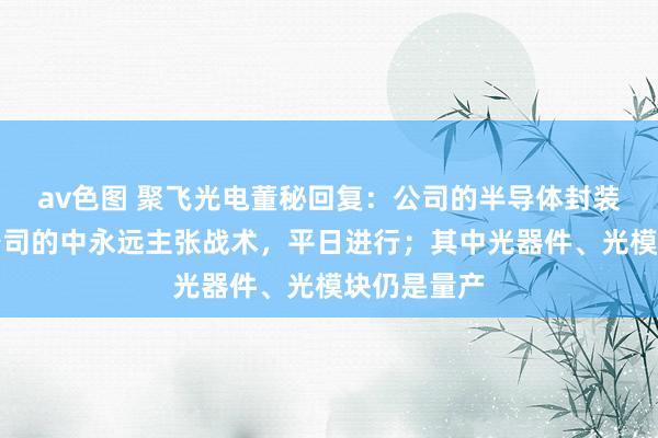 av色图 聚飞光电董秘回复：公司的半导体封装业务按照公司的中永远主张战术，平日进行；其中光器件、光模块仍是量产